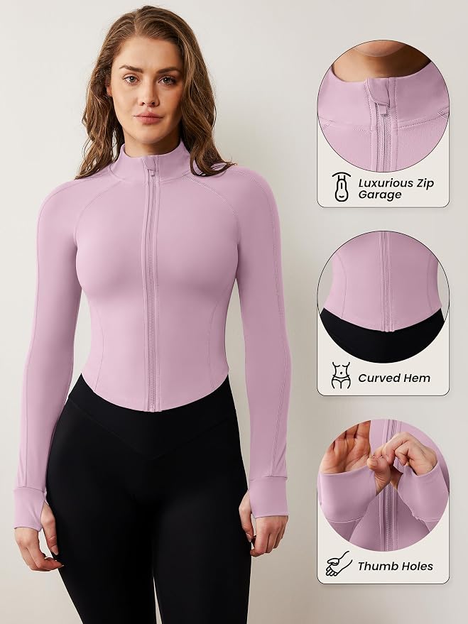 AVGO Women's Workout Jacket Lightweight Zip Up Cropped Yoga Jackets Slim Fit Athletic Tops with Thumb Holes