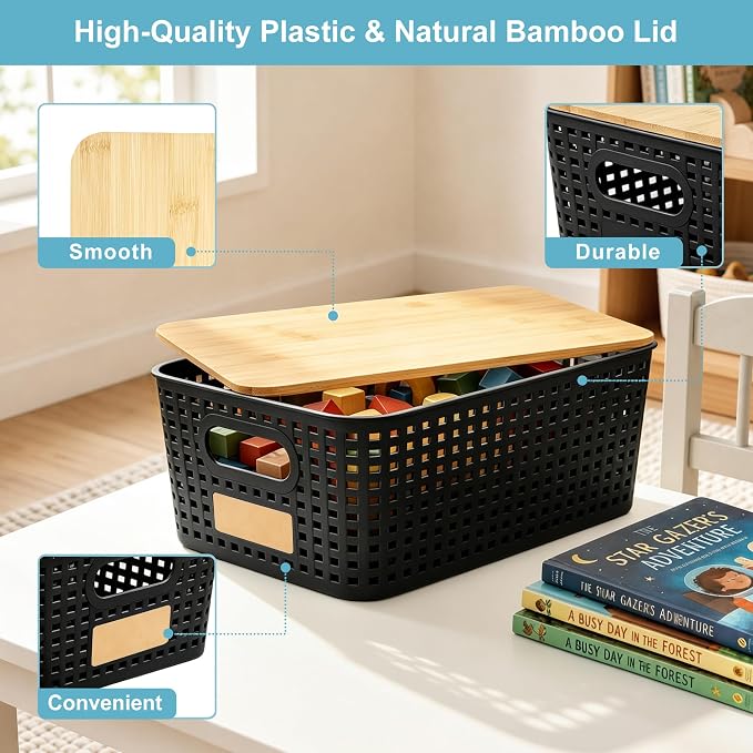 Small Plastic Storage Bins with Bamboo Lids 5.2qt Stackable Box Basket Pantry Decorative Containers Cute with Lable for Organizing Desktop Closet Office Black of 6 packs 10 * 7.2 * 4.1"