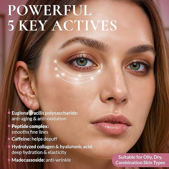 Eye Serum for Dark Circles and Puffiness, Multi Peptide and Caffeine Under Eye Treatment for Eye Bags, Wrinkles and Fine Lines, Anti Aging Firming and Tightening Formula, 0.58 Fl Oz