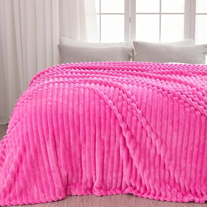 NEWCOSPLAY Super Soft Twin Blanket Hot Pink Premium Silky Flannel Fleece 3D Ribbed Jacquard Lightweight Bed Blanket All Season Use (Hot Pink Ribbed, Twin(60"x80"))