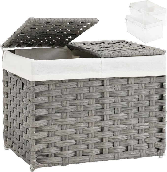 SETVSON Storage Basket with Lid, 9.2 Gal PE Rattan Trunk, Gray | Decorative PE Rattan Furniture Look for Bedroom, 2 Separate Lids, 2 Liners with Divider for Apparel & Essentials