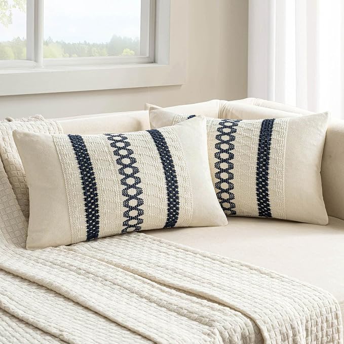 MIULEE Set of 2 Navy Blue Boho Decorative Lumbar Pillow Covers 12x20 Inch | Farmhouse Couch Throw Pillows, Modern Coastal, Cotton Cushion Covers, Macrame Woven Home Decor for Bed Sofa Chair