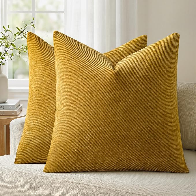 a moment Fall Decorative Throw Pillow Covers Pack of 2,22x22 Inch Yellow | Twill Chenille Cushion Covers for Sofa Living Room Couch Bed