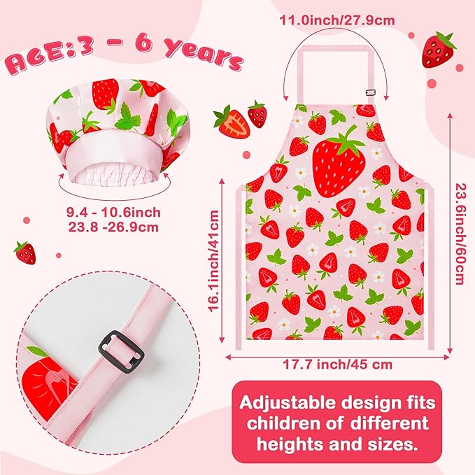 R HORSE Kid Apron and Chef Hat Set - 2Pcs Strawberry Adjustable Children Kitchen Toddler Apron for Girls Role Play Chef Toy Cooking Gift Birthday Gift for Kids Cooking Baking Painting and Training