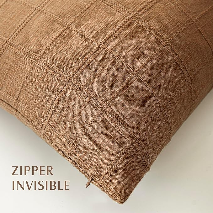 Foindtower Set of 2 Decorative Linen Check Throw Pillow Covers Neutral Farmhouse Vintage Cushion Covers Modern Boho Home Decor for Sofa Chair Couch Bedroom Living Room,20×20 Inch,Brick