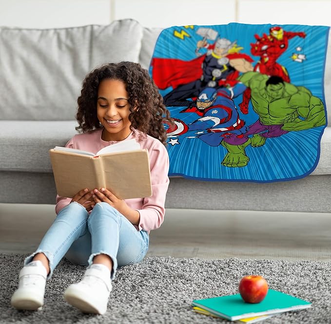 Jay Franco Kids Plush Throw Blanket – Soft & Cozy Fleece Throw for Bedroom & Couch Décor, Official Licensed Product, Blue - Avengers, 40x50 - Travel Blanket