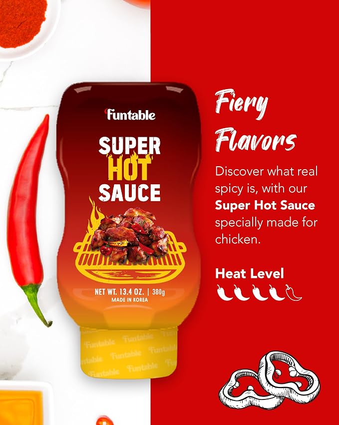 Funtable Super Hot Sauce - Spicy Korean Chicken Condiment, 13.4 oz | Fiery, Tangy Flavor for Wings, Nuggets, Fries, Burgers and BBQ; Ready-to-Use Dip, Marinade or Cooking Glaze