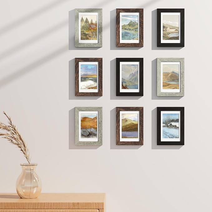 Vittanly 4x6 Picture Frames Set of 9, Wall & Tabletop, Black&Brown&Grey | Display Pictures 3.5x5 with Mat or 4x6 without Mat, Small Photo Frames, Engineered Wood with Shatter Resistant Plexiglass