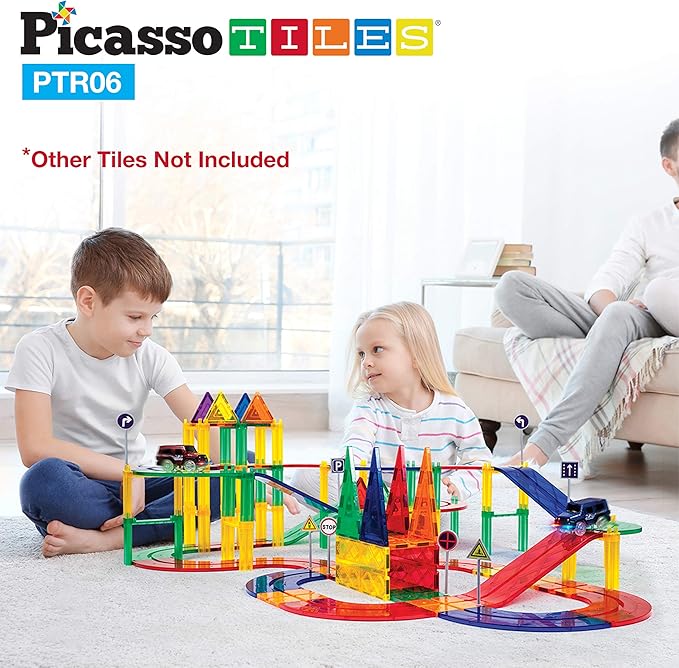 PicassoTiles 6 Piece Magnetic Tiles Race Track Ramp Accessories STEM Building Blocks Toys Magnet Tile Educational Construction Playset Boys Girls Brain Development and Creative Pretend Play Toy PTR06