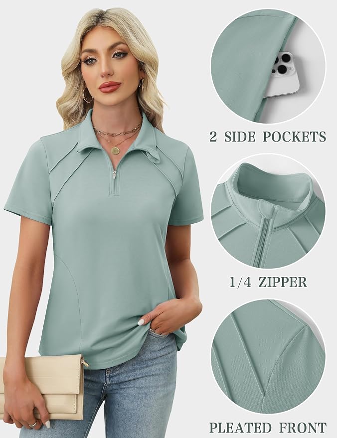 LOMON Womens Golf Polo Shirt Summer Short Sleeve Quarter Zip Outfit | Side-Pockets,Princess Seams,Cotton,Wrinkle Free,Moisture Wicking,Quick-Dry,Lightweight,Collared,for Tennis Workout