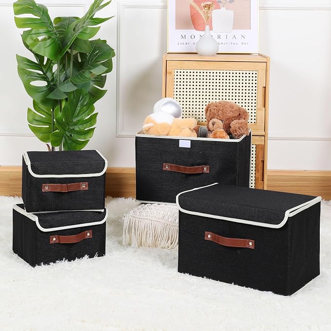 ANMINY Fabric Storage Box Bins with Lids, Black, 10"x8"x7" | Keepsake Memory Storage, Cotton Linen, PP Board Reinforced, Washable, PU Handles, Foldable & Stackable, Decorative, Small