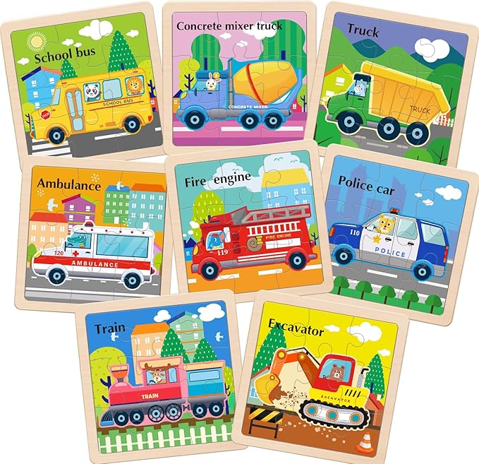Wooden Puzzles for Toddlers, 9 Pieces Vehicle Jigsaw Puzzles for Kids Ages 3-5 4-6, Preschool Learning Activities, Learning & Educational Toys, Gifts for Boys, Girls (8 Pack)