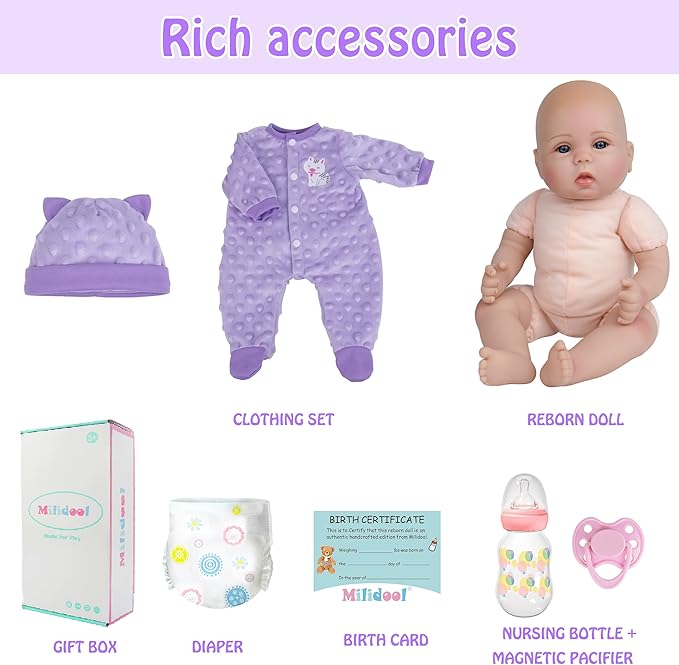 Milidool Lifelike Reborn Baby Dolls Girl-18 inch Realistic Newborn Baby Dolls, Nice Gift for for Kids Age 3 +,Purple Clothes