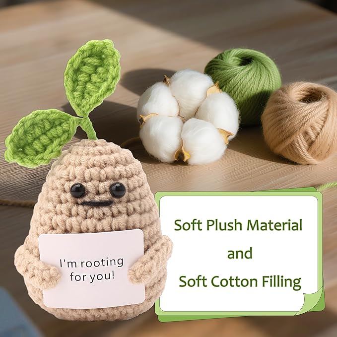 Crochet Potato Plush with Positive Message, Emotional Support Stuffed Animal for Desk Decor, Handmade Tiny Friend with Inspirational Card, Funny Gifts for Women Office Accessories, 1 Pack