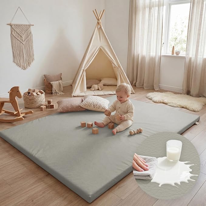 Huloo Sleep Baby Play Mat 74x50 Inches, 1.3" Thick Padded Waterproof Floor Cushion & Playpen Mat with Vegan Leather, Non-Slip & Non-Toxic Nursery Rug for Infants, Toddlers & Kids(Grey)