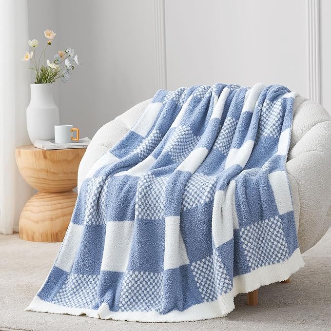 Snuggle Sac Checkered Blanket, Blue Throw Blanket for Couch Plaid Microfiber Fluffy Warm Fuzzy Cozy Soft Throw Blanket Reversible Checkered Blankets for Sofa, Chair, Bed, 50x60 inches