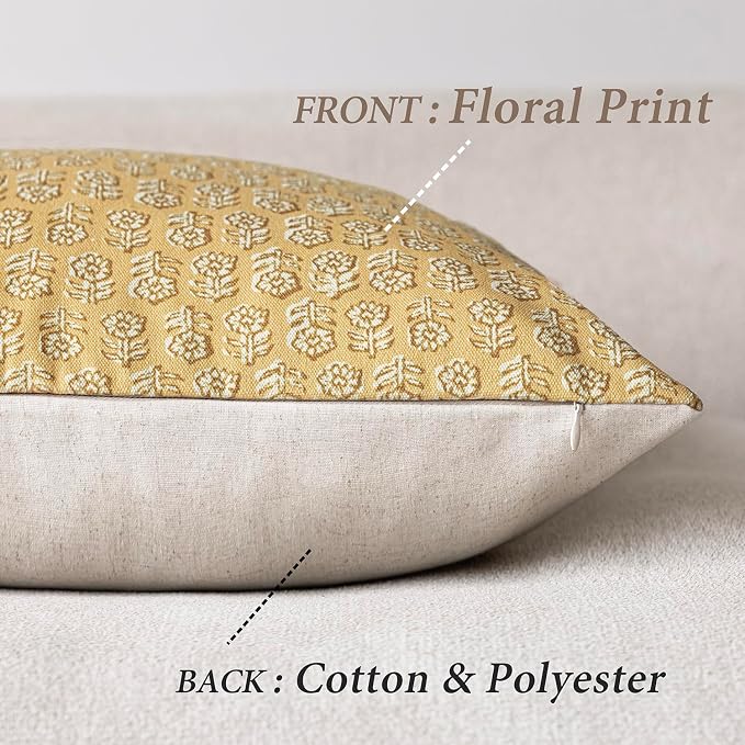Foindtower Set of 2 Decorative Vintage Floral Print Throw Pillow Covers Neutral Modern Farmhouse Cushion Covers Boho Home Decor For Sofa Chair Couch Bedroom Living Room Outdoor,18×18 Inch,Light Yellow