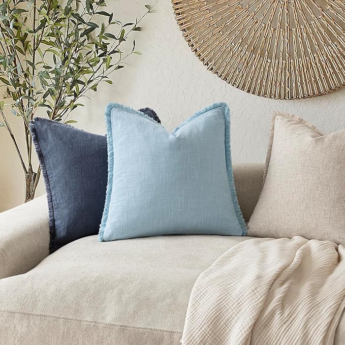 Foindtower Set of 2 Decorative Linen Fringe Throw Pillow Covers Cozy Boho Farmhouse Cushion Cover with Tassels Soft Accent Pillowcase for Couch Sofa Bed Living Room Home Decor,26×26 Inch,Light Blue
