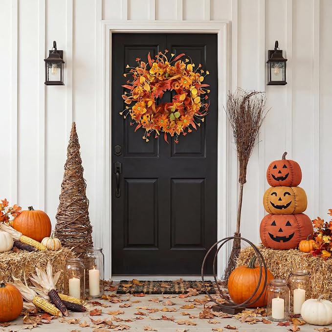20" Fall Wreath Front Door Artificial Daisy Wall Decor Farmhouse Autumn Wreath Thanksgiving Home Porch Outdoor Indoor Holiday Harvest Decor