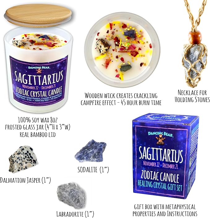 DANCING BEAR Sagittarius Zodiac Candle Gift Box Set with 3 Healing Crystals & Stone Holder Necklace, 100% Soy Scented Wax, Crackling Wood Wick, 45 Hour Burn Time