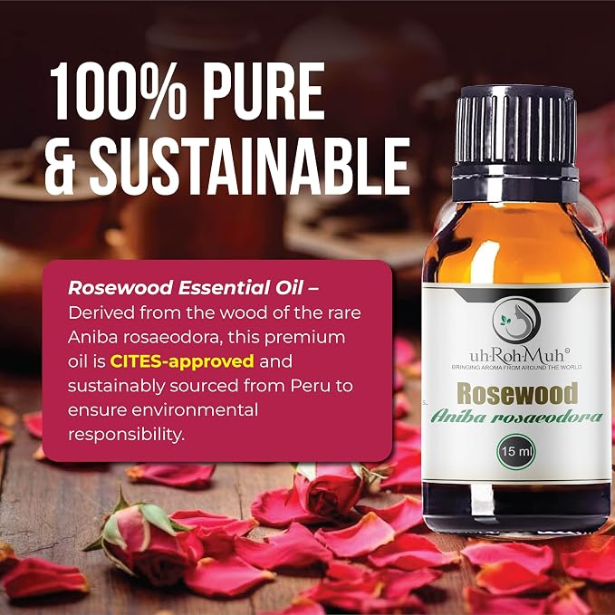Rosewood Essential Oil (Bois de Rose) 100% Pure Steam Distilled Oil from Aniba rosaeodora Wood – Aromatherapy, Diffuser, Skincare, Massage, DIY Perfumes, Natural Fragrance | Peru | 15ml