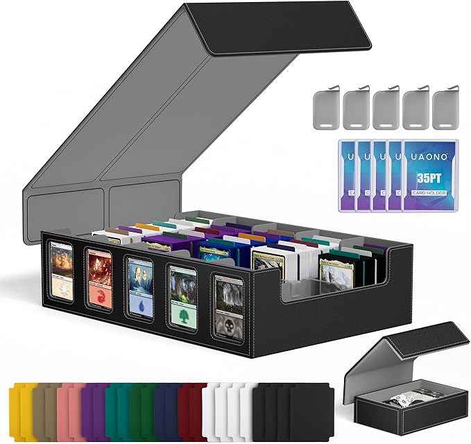 UAONO Trading Card Storage Box with Commander Display;3900+ Card Box for MTG, Removable Cover; 5 Row Case fits MTG TCG Sports Cards 48 Dividers,5 Stoppers,5 Top Loaders,1 Dice Box(Black, Grey)