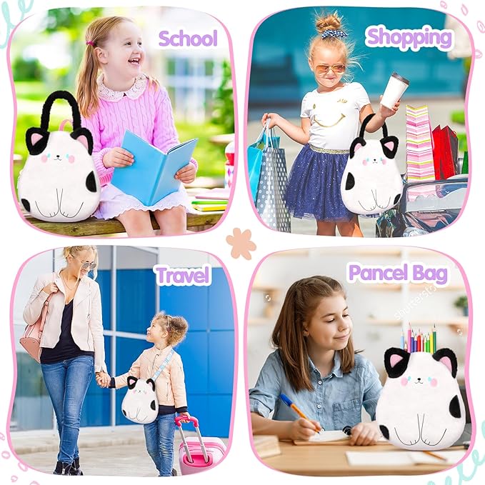 Cat Plush Bag Kids Crossbody Bag for Kids, Plush Handbag Tote Bag with Adjustable Strap,Soft Plush Cat Stuffed Purse with Zipper,Coin Pouch Accessories for Toddlers Kids
