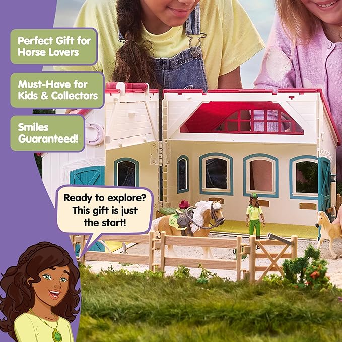 Schleich Horse Club - 60PC Little Horseshoe Open Stable Playset - Easy Carry Set with 2 Horse Figurines, Action Figure, Stable and Accessories - Toy Horses for Girls and Boys - Kids Ages 4+ | 42703