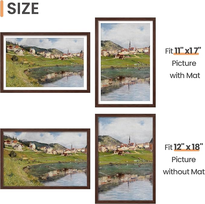 upsimples 12x18 Picture Frame, Display Pictures 11x17 with Mat or 12x18 Without Mat, Wall Hanging Photo Frame, Brown, 1 Pack