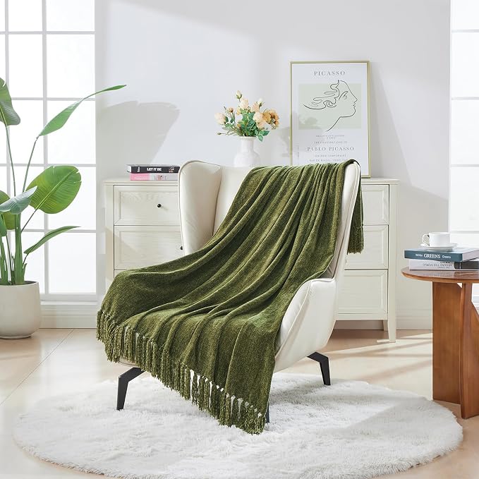 CozeCube Chenille Throw Blanket, Olive Green Fringe Blanket, 50"X60" | For Couch, Cozy Plush Fuzzy Decorative Blanket with Fringe Tassels, Lightweight Throws for Bed Sofa Gift Home Decor