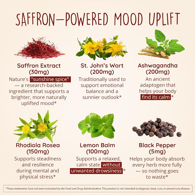 Joy-Filled with Saffron Mood Support Supplement — Daily Mood Support with 30mg Extract + Ashwagandha, Rhodiola, St. John's Wort, Lemon Balm | Saffron Supplements for Emotional Support, Vegan, 30 Ct