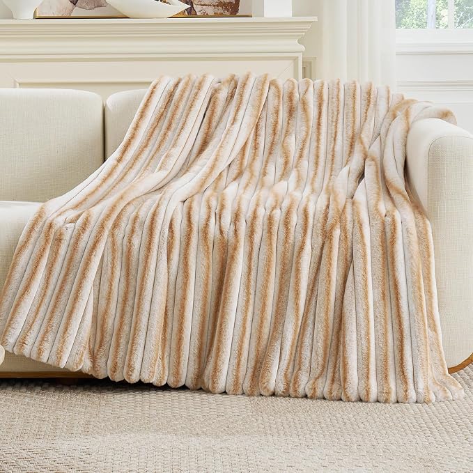 Cozy Bliss Faux Fur Throw Blanket for Couch, Cozy Warm Plush Striped Blanket for Sofa Bedroom Living Room,60 * 80 Inches Khaki