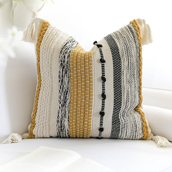 Boho Decorative Throw Pillow Cover 22x22 Square Yellow Mustard Accent Pillowcase Tassels Farmhouse Cushion for Couch Sofa Bedroom Living Room Home Décor Cover ONLY (Pack of 1)