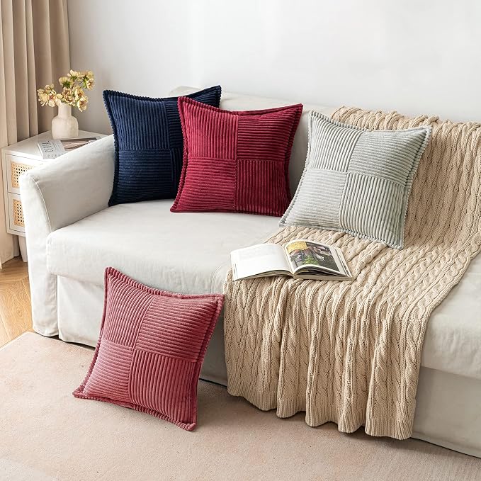 MIULEE Decorative Throw Pillow Covers for Couch 18x18 Inch Cranberry Red | Boho Broadside Striped Patchwork Pillow Covers, Soft Corduroy Cushion Cases, For Sofa Bed Livingroom Home Decor
