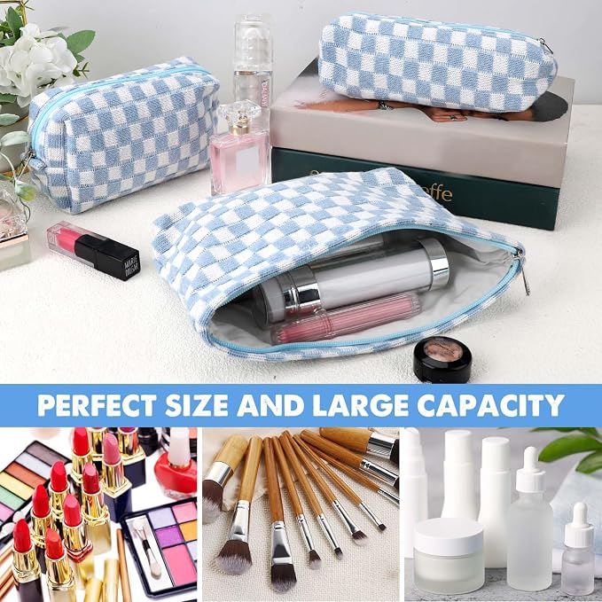 3 Pcs Makeup Bag Cosmetic Bag Set for Girls Women Checkered Travel Organizer Bathroom Toiletry Pouch Large Capacity Storage Bag (Blue-White)