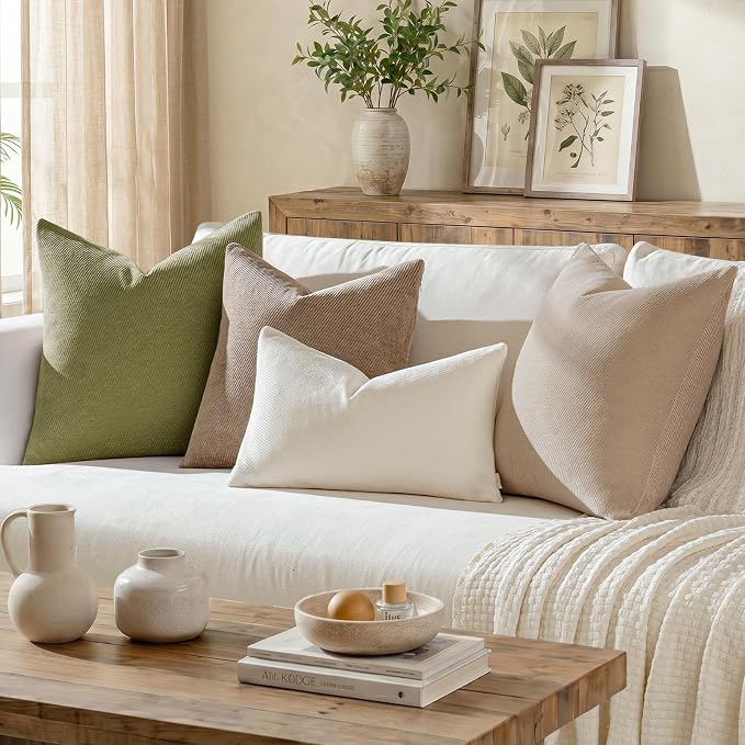 a moment Pack of 2 Decorative Chenille Throw Pillow Covers with Twill Cushion Covers for Sofa Living Room Couch Bed 24x24 Inch Beige