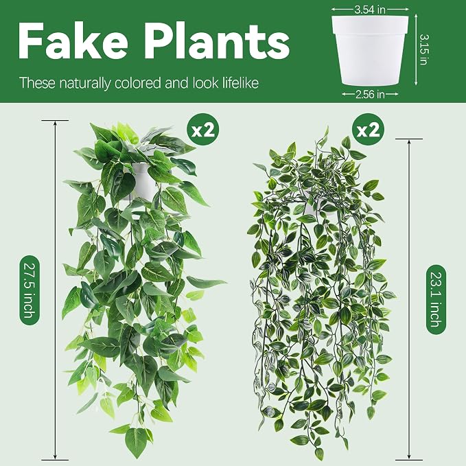 Der Rose 4Pcs Artificial Hanging Plants Fake Vines for Wall Shelf Decor | Fake hanging plant set with white pots, 2 plant styles and 2 of each for shower plants, bathroom walls and bedroom shelves