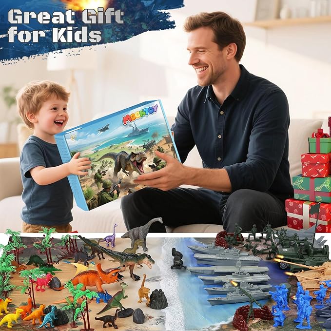 MOONTOY Army Men and Dinosaur Military Playset, 128PCS Toy Soldiers with Tanks, Jets, Missiles, Vehicles & Battle Mat, Army Men Action Figures, Christmas Birthday Gift for Kids Boys and Girls Ages 3+