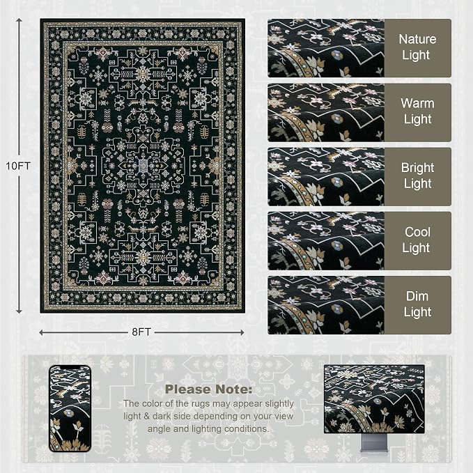 8x10 Area Rugs for Living Room: Washable Rug Soft Vintage Boho Medallion Carpet Indoor Floor Non-Slip Stain Resistant Large Carpets for Bedroom Dining Room Farmhouse Nursery Home Office Black