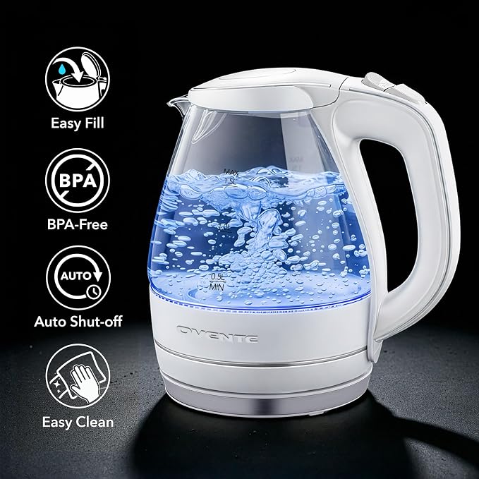 OVENTE Electric Kettle, 1.5L Borosilicate Glass Countertop Water Heater and Boiler for Coffee or Tea, BPA-Free, Auto Shut-Off, Boil-Dry Protection, Removable and Washable Spout Filter, White KG83W