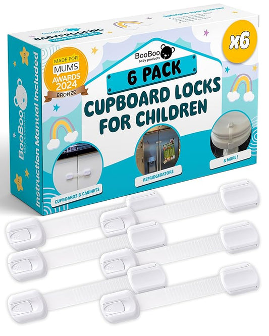 Booboo Baby 6 Pack Cabinet Locks Baby Proofing - Child Proof Cabinet Locks for Drawers, Fridge, Toilet Seats - Adjustable Cupboard Lock for Children with 3M Adhesive - Easy to Install No Tools Needed
