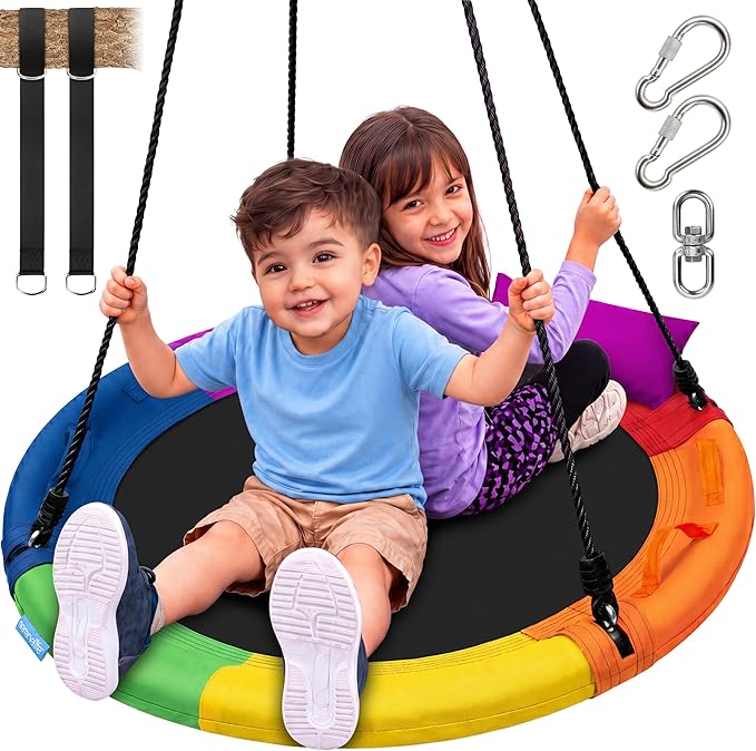 SereneLife 40" Saucer Swing - Outdoor Swing Set with Universal Hanging Kit, Swinging Seat Spinner with Pillow & Carry Bag, Weatherproof, Water-Resistant, Supports Up to 700 lbs, Rainbow