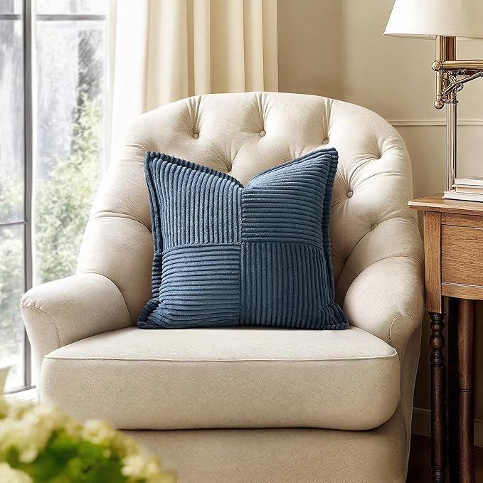 MIULEE Decorative Throw Pillow Covers for Couch 18x18 Inch Blue 2 Pack | Boho Broadside Striped Patchwork Pillow Covers, Soft Corduroy Cushion Cases, For Sofa Bed Livingroom Home Decor