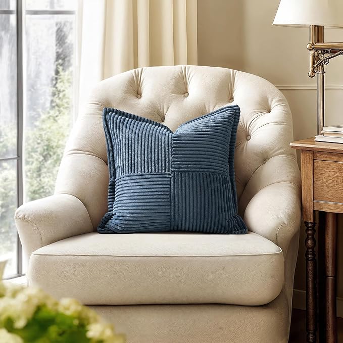 MIULEE Decorative Throw Pillow Covers for Couch 20x20 Inch Blue 2 Pack | Boho Broadside Striped Patchwork Pillow Covers, Soft Corduroy Cushion Cases, For Couch Sofa Bed Livingroom Home Decor