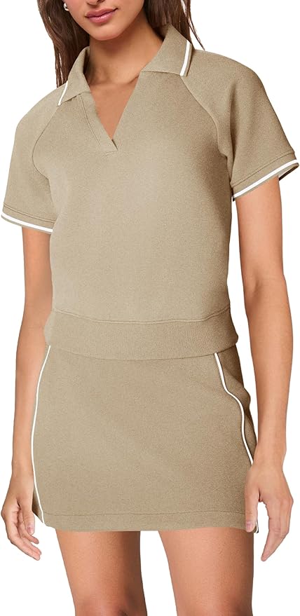 Womens Workout Sets 2 Piece Outfits V Neck Short Sleeve Polo Shirt and Tennis Skort Set with Pockets