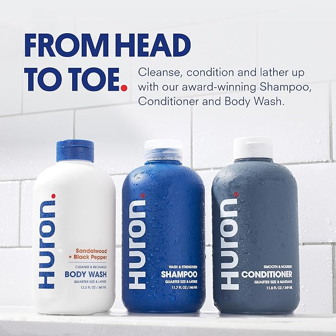 Huron Men’s Shower Kit – Shampoo, Conditioner & Body Wash with Citrus + Eucalyptus Scent, Hydrating, Phthalate Free, non-toxic Ingredients for Hair & Skin Care, 12 fl oz (Pack of 3)