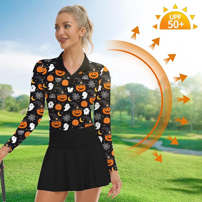 Soneven Womens Golf Shirts Moisture Wicking V Neck Long Sleeve Polo Shirts Collared Tops