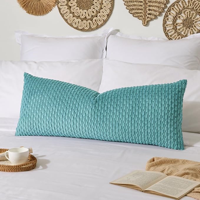 Kevin Textile Soft Corduroy 14"x36" Lumbar Pillow Cover 1 Pack, Aqua Green | Boho Stripe Plush Corduroy Decorative Oblong Cushion Cover Modern Farmhouse Home Decor for Sofa Couch Bed Chair