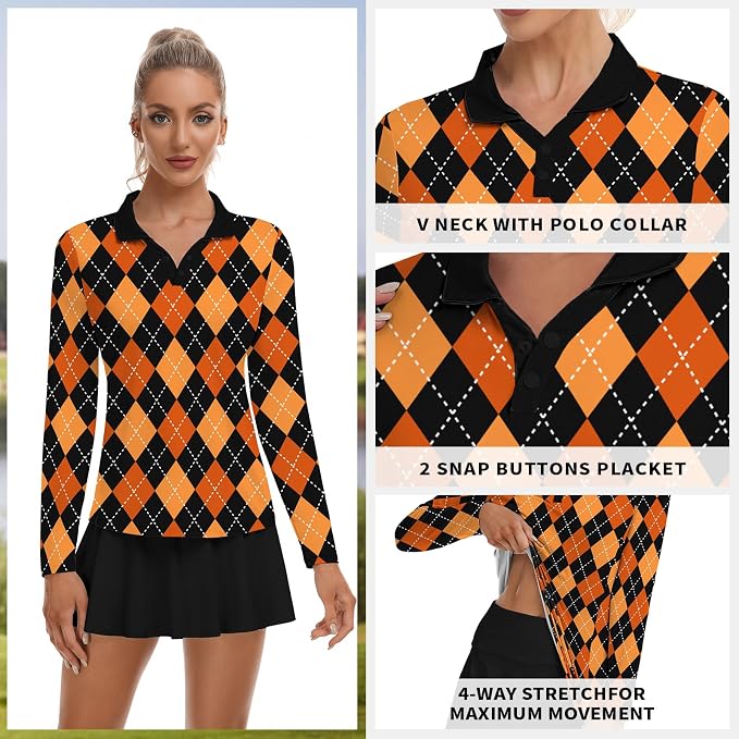 Soneven Womens Golf Shirts Moisture Wicking V Neck Long Sleeve Polo Shirts Collared Tops