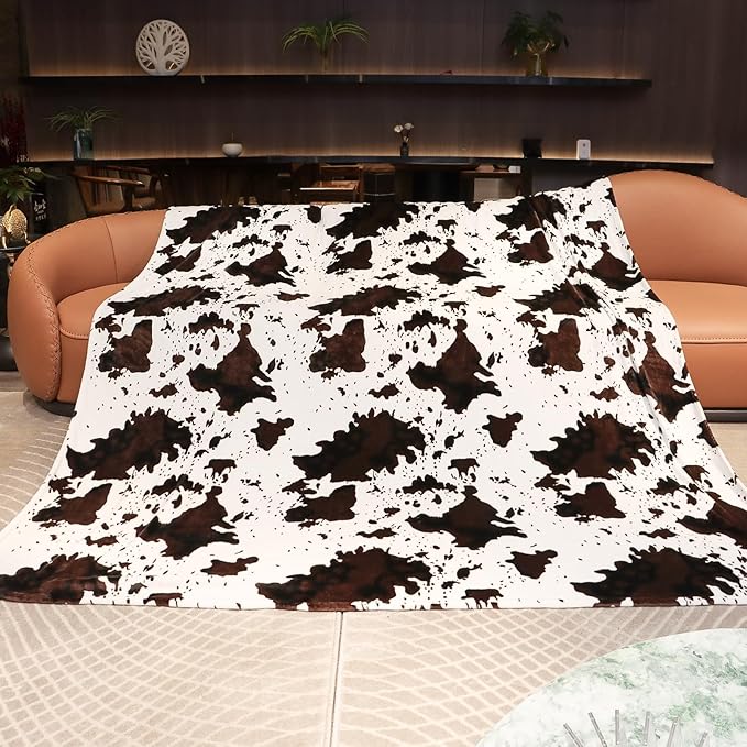 Queen Size Blanket for Bed Couch, Oversized Soft Fuzzy Full Size Fleece Blanket for Couples Adults, Cow Print Decoration for Bedroom Living Room, Western Farmhouse Style, 90x90 Inches